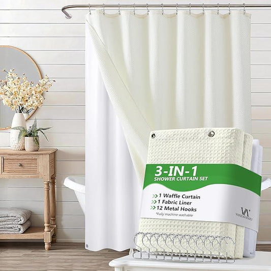 VANZAVANZU Luxury 3 in 1 Shower Curtain Set 3D Textured Waffle Weave Bathroom Curtain with Waterproof SGS Certified Fabric Liner & 12 Anti-Fall Stainless Steel Hooks, Machine Washable 72"x78" (Cream) - ModernBath