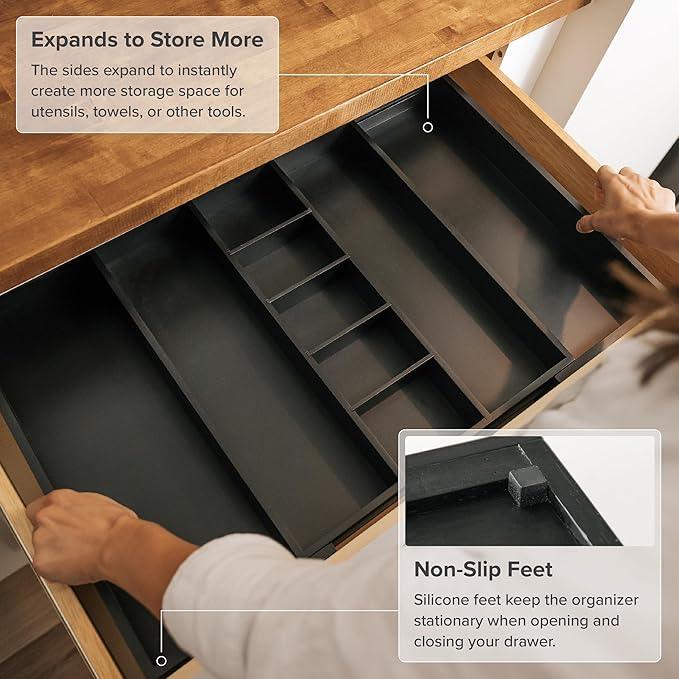 KitchenEdge Adjustable Kitchen Drawer Organizer for Utensils and Junk, Food-Safe Contract Grade with 100% Sustainable Wood, Expandable from 16 to 28 Inches Wide - Black Bamboo - ModernBath