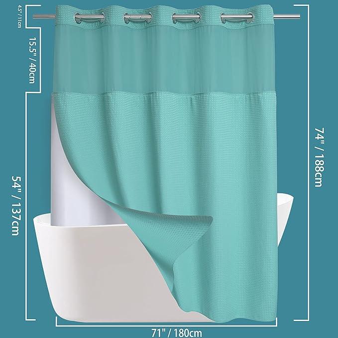 Conbo Mio No Hook Green Waffle Weave Shower Curtain with Snap in Liner Set, Hotel Luxury Shower Curtains for Bathroom with See Through Top Window, Waterproof, Washable 71W x 74H - ModernBath