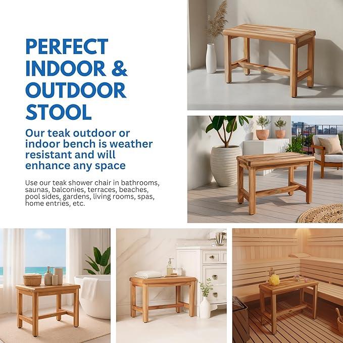EcoDecors Eleganto 24 Inch Natural Color Waterproof Teak Wood Shower Bench Stool Seat Chair For Inside Shower Provides Safety, Storage, and Organization For Bathroom Accessories - ModernBath