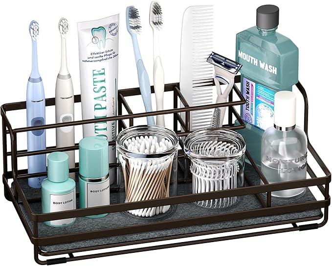 HapiRm Toothbrush Holders for Bathroom - 5 Partitions Bathroom Counter Organizer with Instant Drying Stone, Stainless Steel Countertop Storage Electric Toothbrush Toothpaste Holder - Bronze - ModernBath