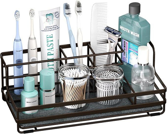 HapiRm Toothbrush Holders for Bathroom - 5 Partitions Bathroom Counter Organizer with Instant Drying Stone, Stainless Steel Countertop Storage Electric Toothbrush Toothpaste Holder - Bronze - ModernBath