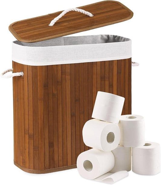 Bamboo Toilet Paper Storage with Lid & Handel, 8 Gallons (30L), Sturdy Toilet Paper Basket, Organizer for Bathroom, Kitchen, Holder with Storage, Walnut - ModernBath