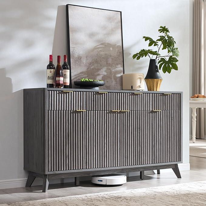 OKD Fluted Storage Cabinet with Drawers, 60" Morden Buffet Sideboard Coffee Bar Cabinet with 4 Doors and 3 Drawers for Dining Room, Living Room,Hallway (Dark Alder) - ModernBath