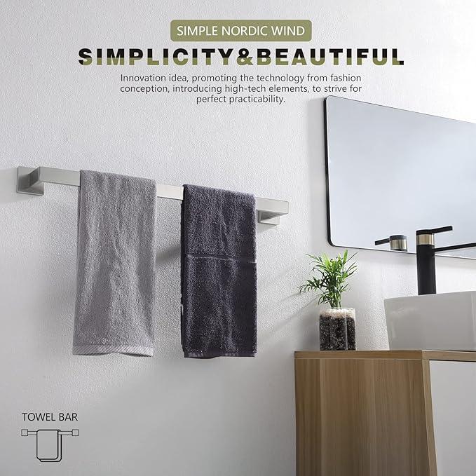 KOKOSIRI 24-Inch Single Towel Bar, Bathroom Kitchen Towel Holder, Wall Mounted Stainless Steel Towel Rack 2 Pack, Brushed Nickel, B4003BR-L24-P2 - ModernBath