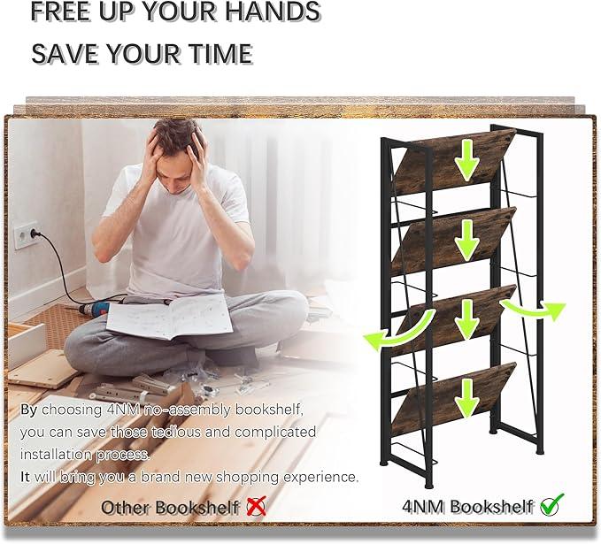 4NM No Assembly Folding Bookshelf Storage Shelves 4 Tiers Vintage Bookcase Standing Racks Study Organizer Home Office (Rustic Brown Black) - ModernBath