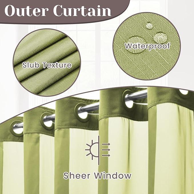 SORTTO No Hook Slub Textured Shower Curtain with Snap in Liner - Olive Fabric Outer Curtain & Waterproof Inner Liner, Hotel Style with See Through Top Window, 71x74 in - ModernBath