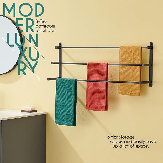KOKOSIRI Bath Towel Bars Matte Black Bathroom 3-Tiers Ladder 32'' Towel Rails Wall Mounted Towels Shelves Rack Stainless Steel, B5002BK-L32 - ModernBath