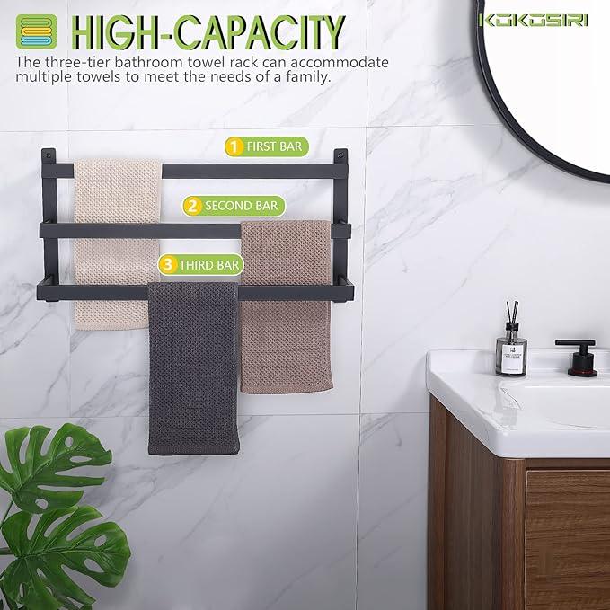 KOKOSIRI Towel Bars Black Bath Towel Holders Bathroom 3-Tiers Ladder Towel Rails Wall Mounted Towels Shelves Rack Stainless Steel, B5006BK-L24 - ModernBath