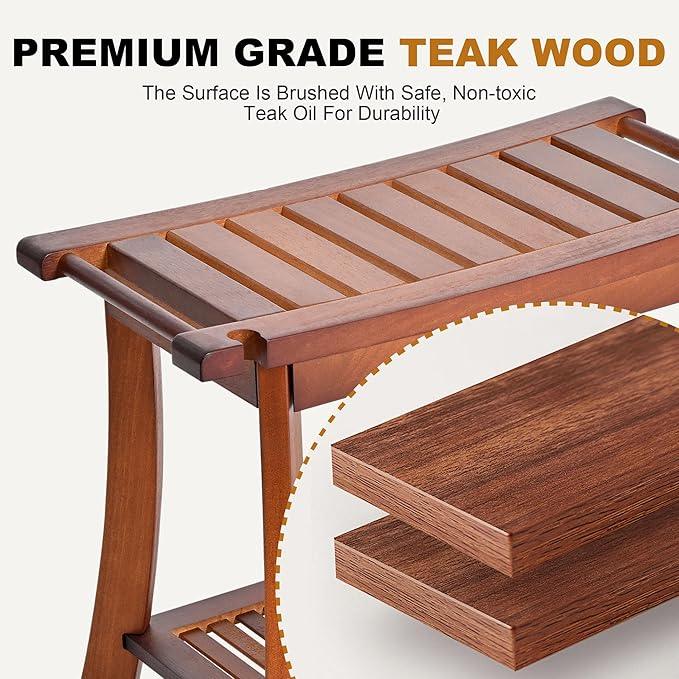 Teak Shower Chair Stool, 24" Shower Bench Seat, Wooden Bathroom Bench with Storage Shelf for Indoor & Outdoor Use,Walnut - ModernBath