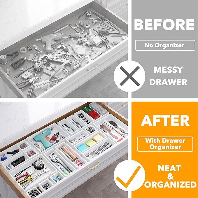 SpaceAid 21-Piece Bamboo Drawer Organizer Storage Boxes Set, Wood Tray Junk Drawer Organizers Multi-Use Divider Bins for Kitchen, Bathroom, Office Desk and Makeup Organization (21 Pack, White) - ModernBath