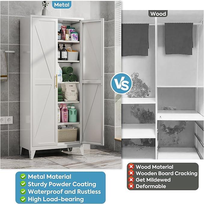 75" H Metal Pantry Cabinet, Kitchen Pantry Storage Cabinets with 5 Adjustable Shelves, for Home Office Bathroom, Required Assembly, White - ModernBath