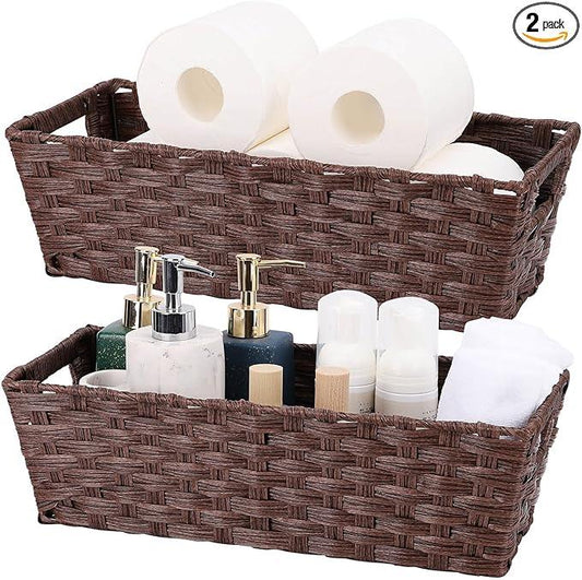 Onlytak Plastic Wicker Storage Baskets - Toilet Tank & Bathroom Baskets, Woven for Organizing, Brown, 15¾" x 6¾" x 4¾", 2-Pack - ModernBath