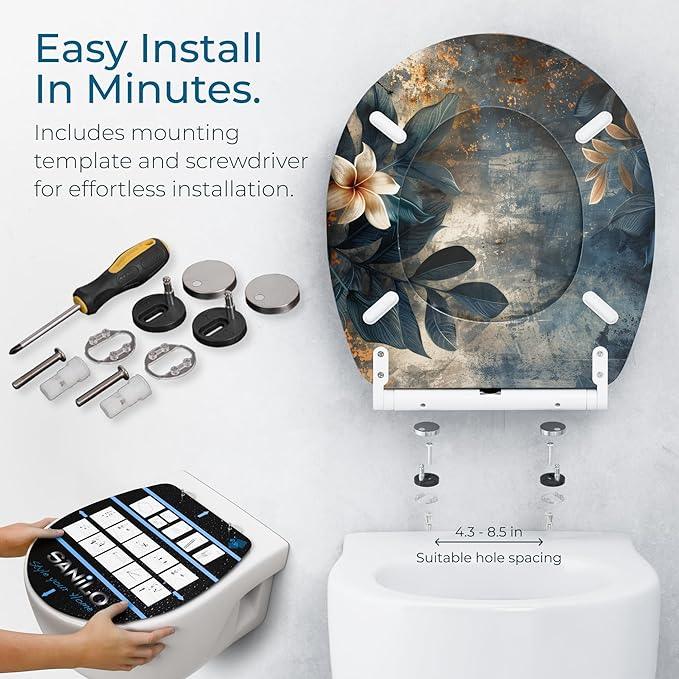 Sanilo Wooden Toilet Seat with Quick Release & Soft Close [ROUND] - Decorative & Slow Close Molded Wood Seat - With One Click for Easy Installation & Cleaning - With Adjustable Fit (Lilybud) - ModernBath