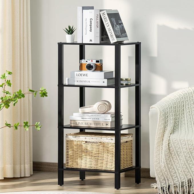 4 Tier Tall Wooden Bookshelf with Storage - Small Bookcase for Small Spaces, Shelf for Living Room, Office, Bedroom, Kitchen - Industrial Modern Black Book Shelf - ModernBath