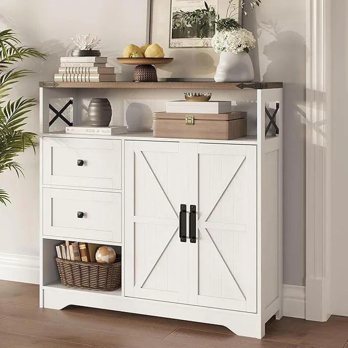Fameill Farmhouse Storage Cabinet with Drawers and Open Storage,Freestanding Kitchen Pantry with 2 Barn Doors, Floor Cabinet with Adjustable Shelf for Living Room,White - ModernBath