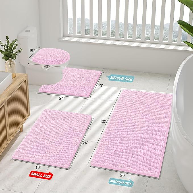 Smiry Luxury Chenille Bathroom Rugs 47x17, Extra Soft and Absorbent Shaggy Bath Mat, Machine Washable, Non-Slip Plush Carpet Runner for Tub, Shower, and Floor, Home Decor Accessories, Pink - ModernBath