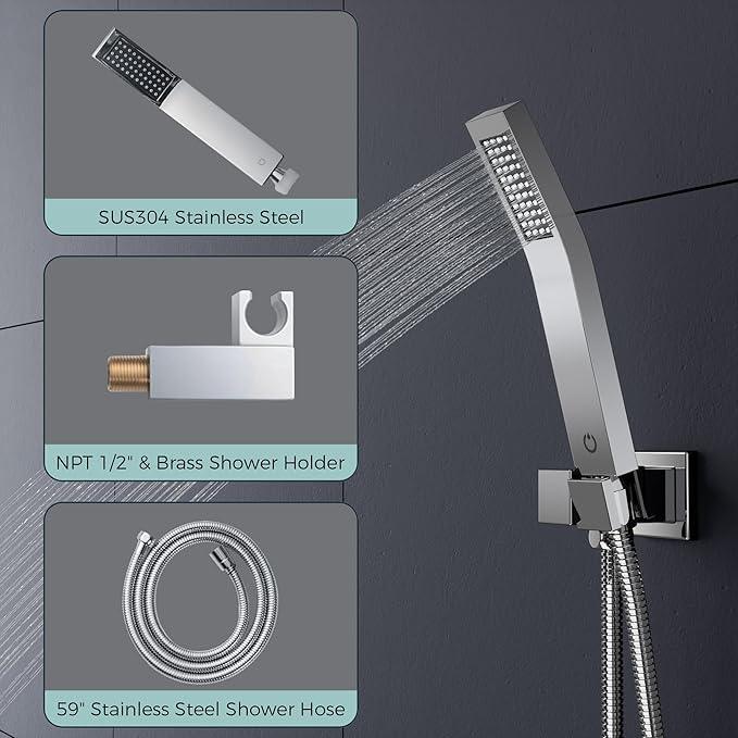 FORIOUS Shower Head System, 12 Inch Rain Shower Faucet Set with Handheld Spray Combo Rough-in Valve, Solid Brass Pressure Balanced Valve Trim Kit, Ceiling Mount, Chrome - ModernBath