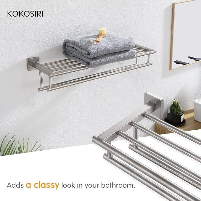 KOKOSIRI 20 Inch Towel Rail Towel Shelf with Double Towel Bars Bathroom Towel Rack Towel Holder Wall Mounted SUS 304 Stainless Steel, Brushed Nickel, B6005BR-L20 - ModernBath