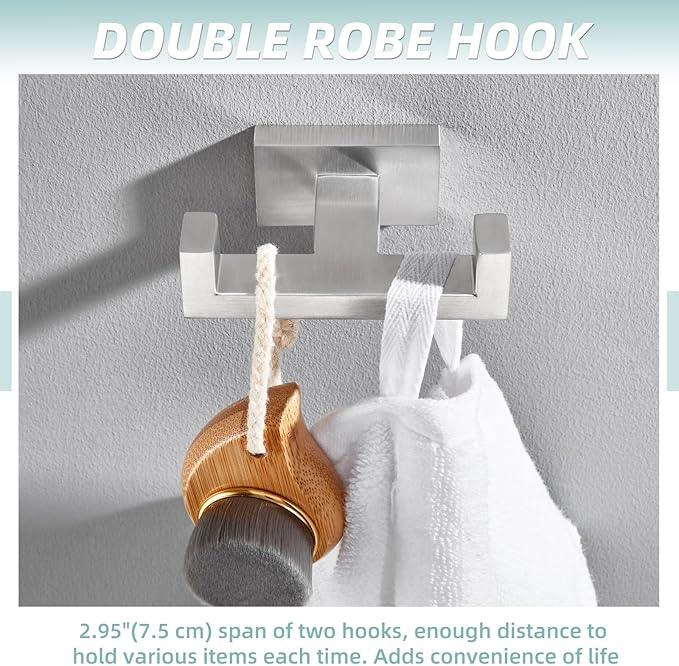 APLusee Square Double Towel Hook, 304 Stainless Steel Dual Coat Holder, Modern Bathroom Kitchen Storage Hanger Wall Mounted, Brushed Nickel - ModernBath