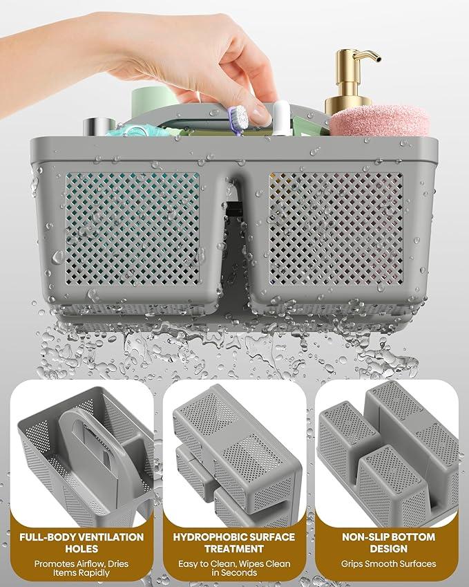 MLIKLU 4 Pack Portable Shower Caddy, Integrated Handle, Reinforced Plastic, Quick-Dry Ventilation Holes, Multi-purpose Storage Basket for Home, Dorm and Bathroom, Kitchen, Under Sink Storage, Grey - ModernBath