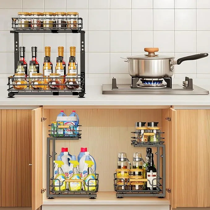 JYPS 2 Pack Under Sink Organizer, 2 Tier Pull out Under Kitchen Bathroom Sink Organizer and Storage, Metal Sliding Drawer for Cabinet Pantry Undersink Organizers Shelf - ModernBath