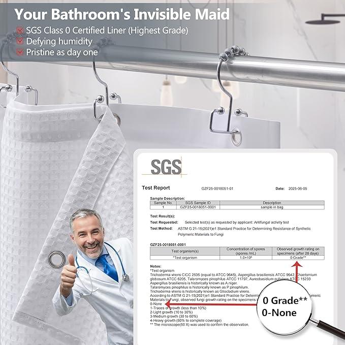 VANZAVANZU Luxury 3 in 1 Shower Curtain Set 3D Textured Waffle Weave Bathroom Curtain with Waterproof SGS Certified Fabric Liner & 12 Anti-Fall Stainless Steel Hooks, Machine Washable 72"x78" (White) - ModernBath