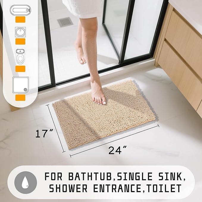 Yimobra Washable Bathroom Rugs, Super Soft & Absorbent Chenille Bath Mat for Floor & Carpet, Quick Dry Non Slip Bath Mat for Tub Shower, 24" x 17",Beige - ModernBath