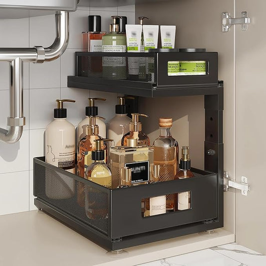 1 Pack 10.8"-14.9" H Under Sink Organizers and Storage Height Adjustable,2-Tier Pull Out Under Cabinet Shelf Organizer,Multi-Use Slide Out Drawer for Bathroom Kitchen Laundry-Black
