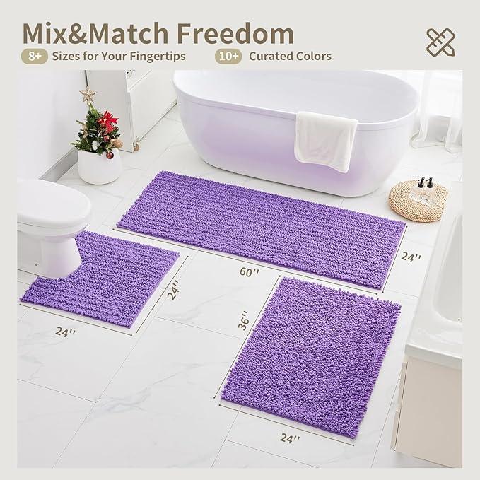 Ruggnovea Chenille Bathroom Rugs Non Slip Washable 55x24, Extra Thick Soft Absorbent Chenille Bath Mat, Non-Slip Barrier Backing, Quick Dry Machine Washable Bath Mats Tub, Shower,Floor/Sink,Purple - ModernBath