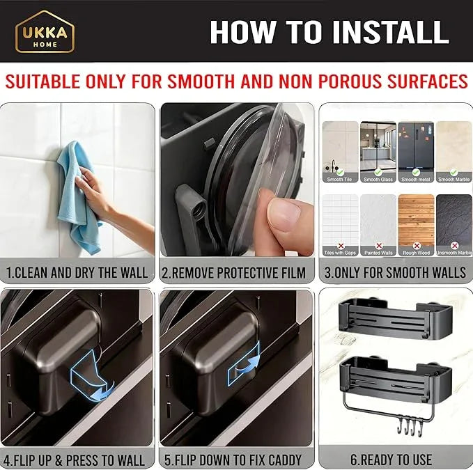 UKKA HOME Suction Cup SQUARE Shower Caddy with Hooks and Towel Bar for Bathroom. Aluminum, Reusable, Rustproof, No Drill, No Tools, No Glue. Multifunctional, Hang Towel, Loofah, Sponge (2 Pack, Gray) - ModernBath
