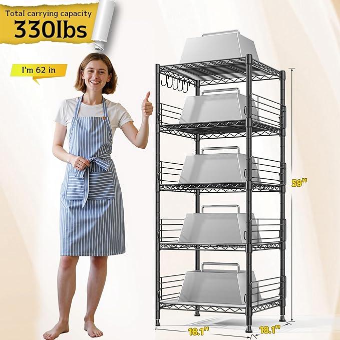 5 Tier Metal Shelving Unit Storage Shelves With Shelf Linker,Adjustable Pantry Shelves Wire Shelving with Hooks,Metal Shelf with Side Blockers for Kitchen,Closet,Office,Laundry,18.1''Wx18.1''Dx59''H - ModernBath