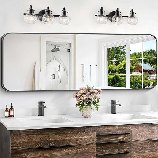CIVENO Bathroom Mirror, 60 x 24 inch Metal Framed Black Rectangle Mirror, Rounded Corner Rectangular Vanity Mirror, Large Wall Mounted Mirror for Modern Bedroom Living Room Horizontal or Vertical - ModernBath