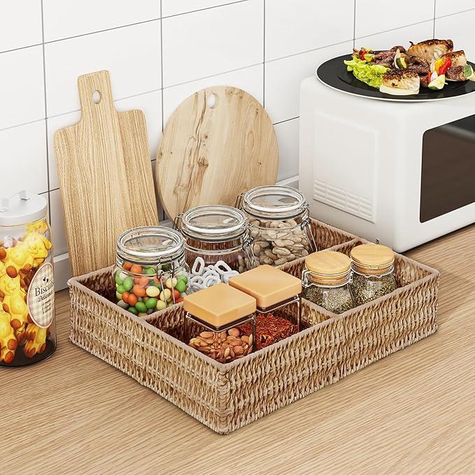 Vagusicc Wicker Divided Storage Basket, Wicker Baskets, Basket for Shelves Drawer Organizing, 3 Section Rectangular Woven Storage Baskets, 2-Pack, Natural - ModernBath