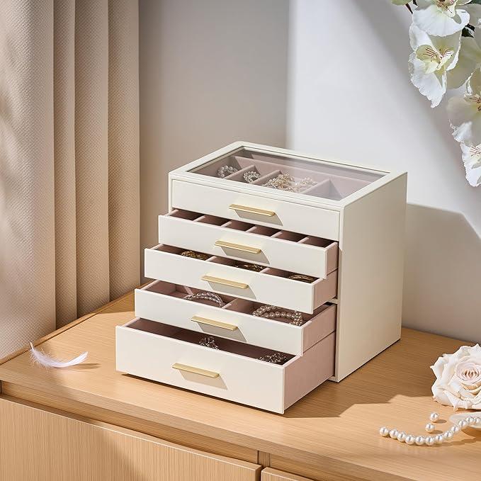 pickpiff Jewelry Box Organizer Case for Women: 5-Layer Jewelry Storage Case with Glass Window, Ivory Leather with Pink Velvet, Holder for Ring Necklace Bracelet Brooch Watch, Great Gift for Her - ModernBath