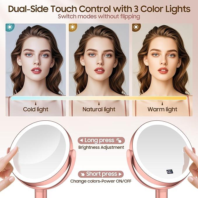 GOMIPURU Makeup Magnifying Mirror with Light 30X/1X, Digital Display, 2-Sided Touch Control, Makeup Mirror with 3 Color Lights,360° Rotate, Height Adjustable Lighted Magnifying Mirrors for Desk Travel - ModernBath