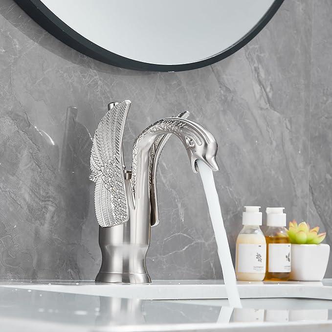 GGStudy Bathroom Faucet Brushed Nickel Swan Single Handle 1 Hole Bathroom Vanity Faucet Basin Tap Deck Mount Lavatory - ModernBath