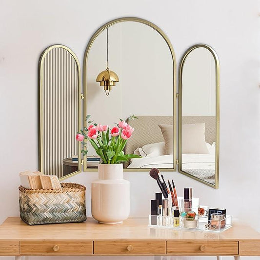 BAODANFU Trifold Vanity Mirrors 3 Way, 30 x 37in Adjustable Vanity Mirrors for Bathroom, Bedroom, Champaign Golden Arch Mirrors Wall Mounted Decoration, Braiding Hair, Makeup 360° Way - ModernBath