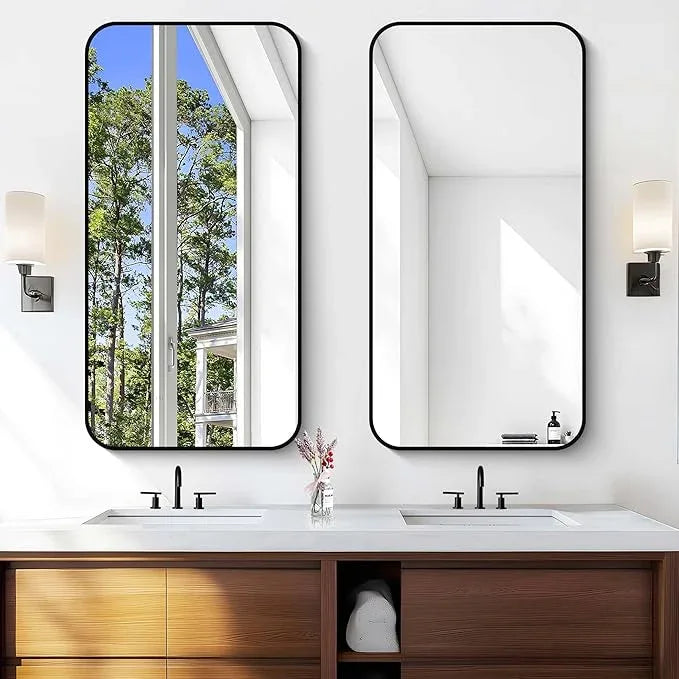 CIVENO Bathroom Mirror, 48 x 24 inch Black Rectangle Wall Mirror, Metal Framed Rectangular Vanity Mirror, Rounded Corner Wall Mounted Mirror for Modern Bedroom Living Room Horizontal/Vertical - ModernBath