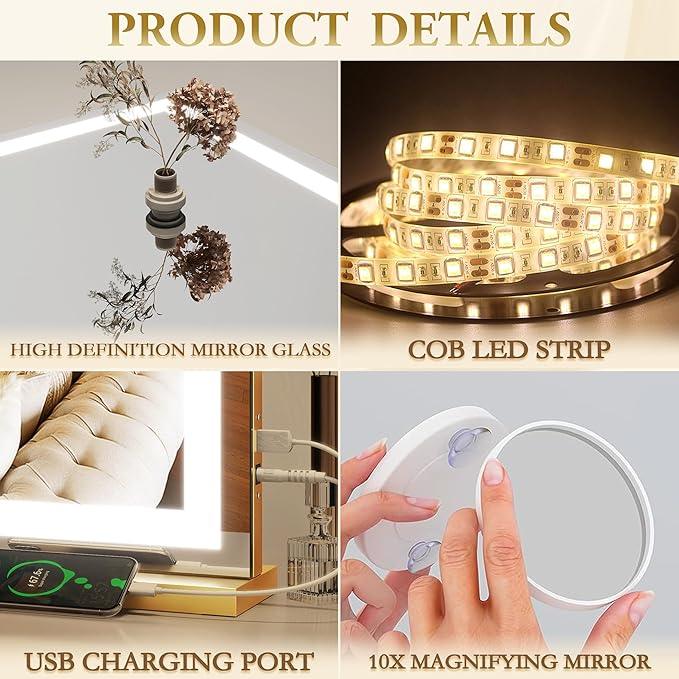 ROLOVE Vanity Mirror with Lights, 32" x 22" Large Lighted Vanity Mirror with Dimmable 3 Modes, LED Makeup Mirror, 10X Magnification, USB Charging Port, Tabletop or Wall-Mounted Square Gold - ModernBath
