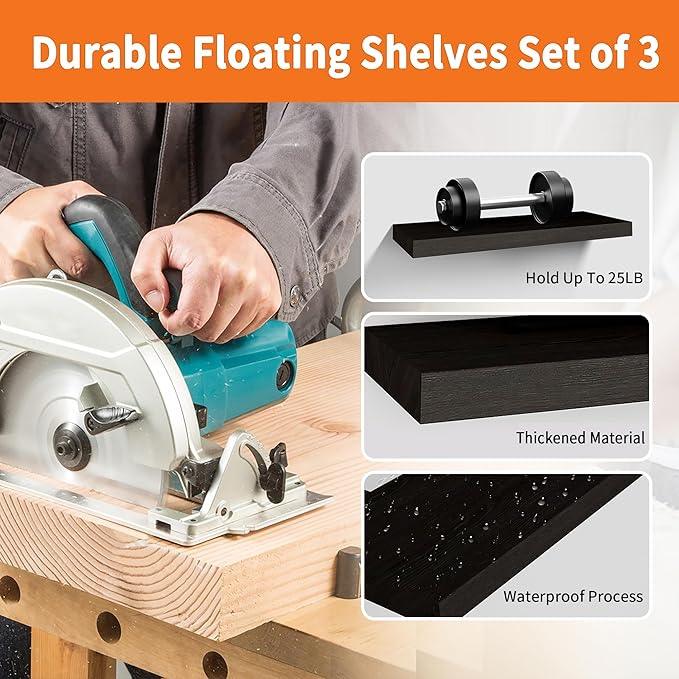 Floating Shelves for Wall Set of 3, 16" Black Wall Shelves for Home Decor, Frame Display Floating Shelf for Living Room, Bedroom, Bathroom, Kitchen - ModernBath