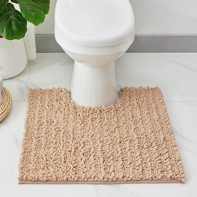 ILANGO Toilet Rugs U Shaped Beige 24x24 Bathroom Rugs,Extra Soft Absorbent Chenille Bath Rugs,Thick Non-Slip Shaggy Bath Mat,Machine Washable Quick Dry Bath Mats for Toilet Contour - ModernBath
