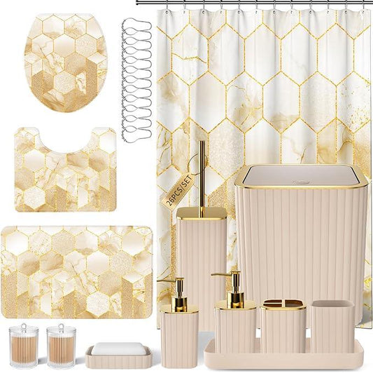 XLHOMO Bathroom Set - 26PC Bathroom Set with Shower Curtain and Rugs, Bathroom Accessory Set, Beige Bathroom Accessories Set, Trash Can & Soap Dispenser - ModernBath