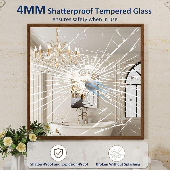 WEER Bathroom Mirror, 36x36 Inch Wall Mirror, Walnut Wood Grain Framed Mirror, Rectangle Vanity Mirror, Tempered Glass, Anti-Rust, Hangs Horizontally or Vertically - ModernBath