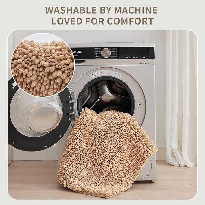 Ruggnovea Chenille Bathroom Rugs Non Slip Washable 32x20, Extra Thick Soft Absorbent Chenille Bath Mat, Non-Slip Barrier Backing, Quick Dry Machine Washable Bath Mats Tub, Shower,Floor/Sink,Beige - ModernBath