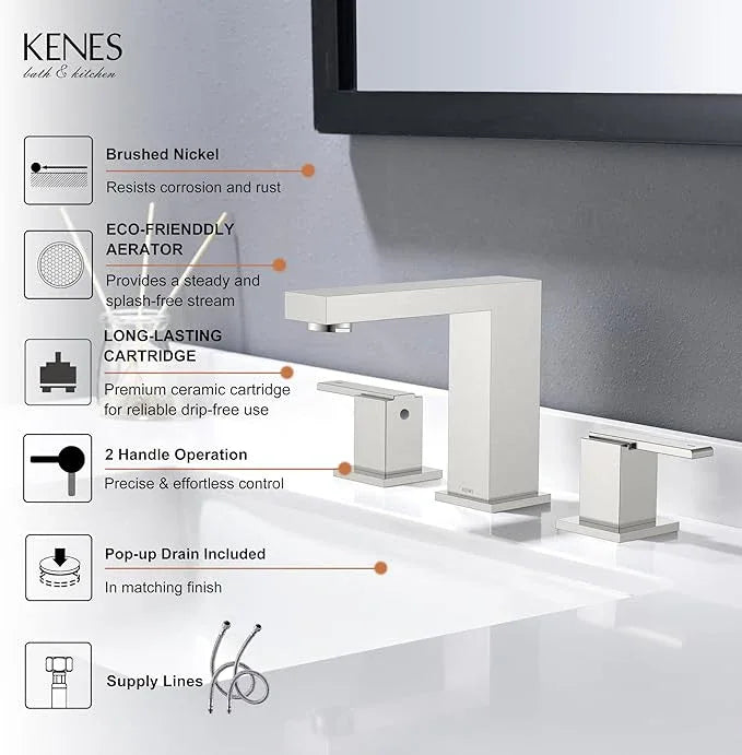 KENES Brushed Nickel Widespread Bathroom Faucet 2 Handle Bathroom Sink Faucet 3 Hole, 8-Inch 3 Pieces Vanity Faucet with Pop Up Drain & Supply Lines, KE-9050-P - ModernBath