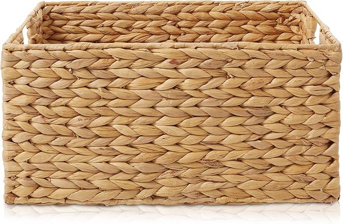 Casafield Set of 4 Water Hyacinth Pantry Baskets, 10" x 13" x 5", with Chalkboard Labels and Chalk Marker - Natural, Woven Storage Bin Organizers for Kitchen Shelves - ModernBath