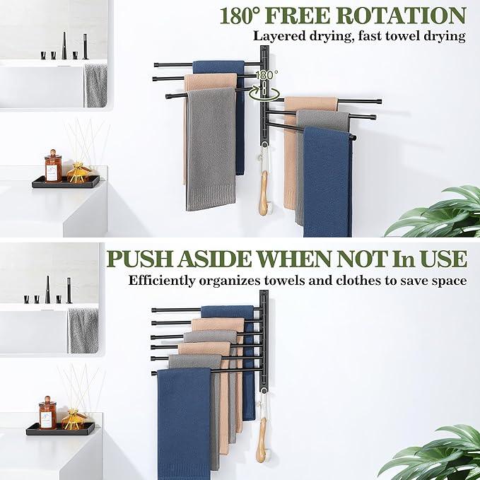 Alise Swivel Towel Rack, SUS304 Stainless Steel 6 Arms Towel Bar, Space Saving Swing Out Towel Bar with Hook, Towel Racks Wall Mounted for Bathroom, Matte Black - ModernBath