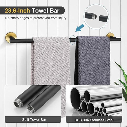 TQKAG Black and Gold Bathroom Hardware Set 6-Piece Bathroom Accessory Set 23.6 Inch Round Stainless Steel Towel Bar Set Wall Mounted - ModernBath