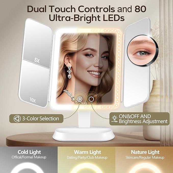 GOMIPURU Vanity Mirror with Lights, Lighted Makeup Mirror with 30X/10X/5X Magnification, Rechargeable Trifold Mirror with 3 Color & Adjustable Brightness, Travel Makeup Mirror with Lights for Desk - ModernBath